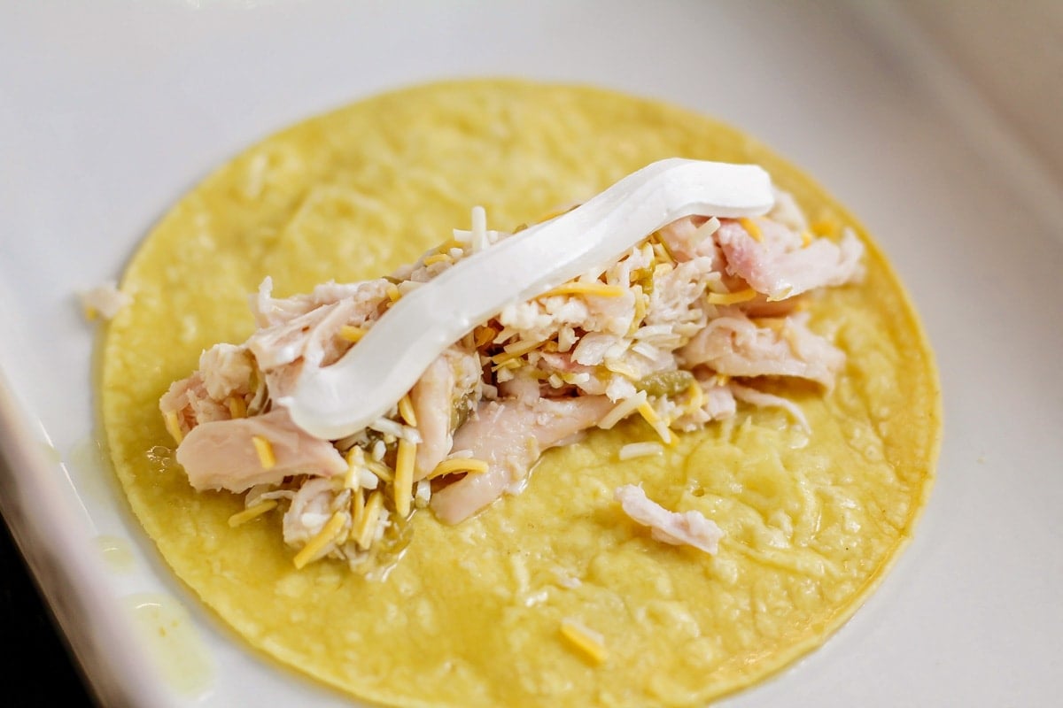 This chicken enchilada recipe is bursting with flavor and perfect for busy nights. Plus, it's freezer-friendly! A corn tortilla topped with a chicken mixture and a line of sour cream.