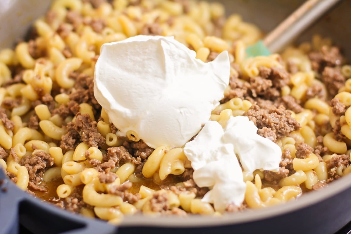 Better than the box, Homemade Hamburger Helper is a perfect one-pot meal that comes together in under 30 minutes! Adding sour cream to homemade hamburger helper.